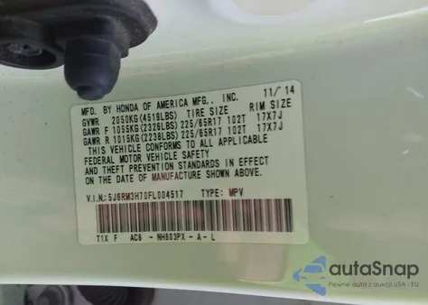 2015 Honda Cr-V Ex-L из США, поврежденный, VIN 5J6RM3H70FL004517